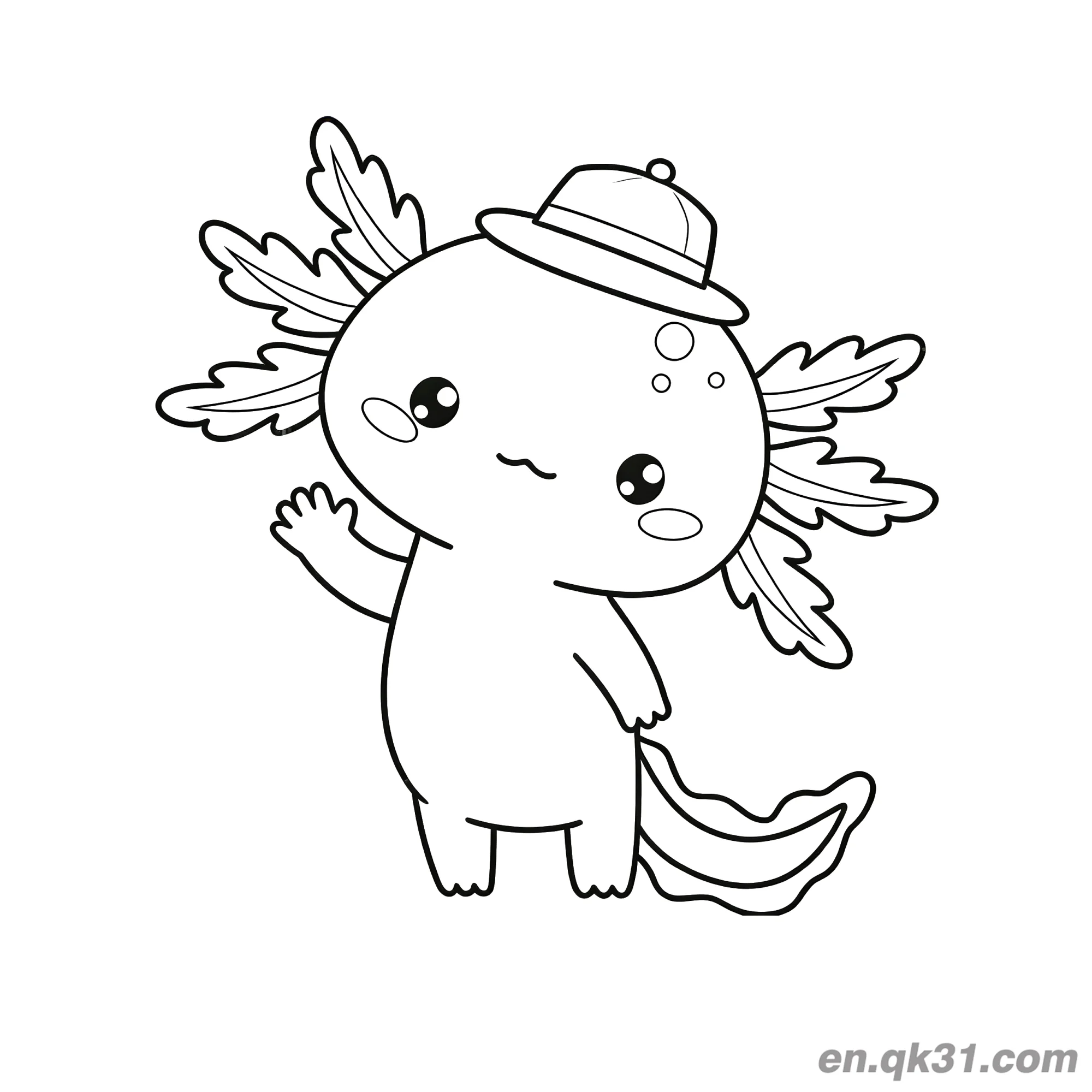 Axolotl Wearing Hat and Waving Coloring Page – Free Printable Coloring Page for Kids and Adults