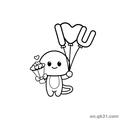 Free printable Axolotl with Bouquet and I Love You Balloons Coloring Page coloring page