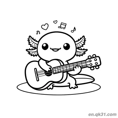 Free printable Cute Axolotl Playing Guitar Coloring Page coloring page