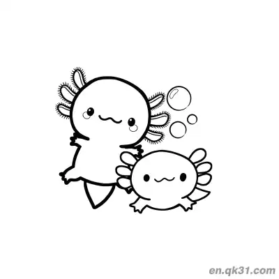 Free printable Mother and Baby Axolotl with Bubbles Coloring Page coloring page