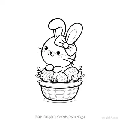 Free printable Easter Bunny in Basket with Bow and Eggs  Coloring Page - Free PDF Printable Bunny Coloring Sheets coloring page