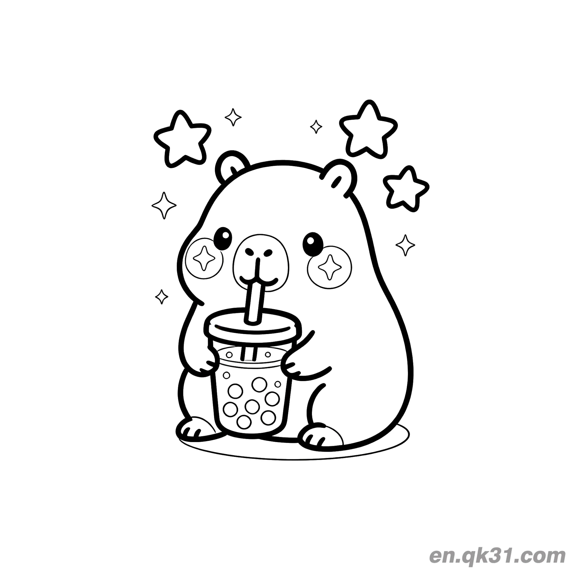 Capybara Drinking Bubble Tea with Stars Coloring Page – Free Printable Coloring Page for Kids and Adults