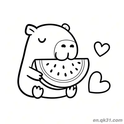 Free printable Capybara Eating Watermelon with Hearts Coloring Page coloring page