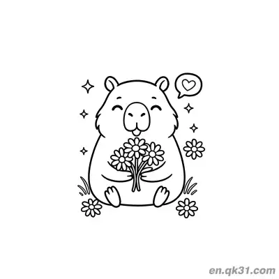 Free printable Capybara Holding Bouquet with Stars and Heart Coloring Page coloring page