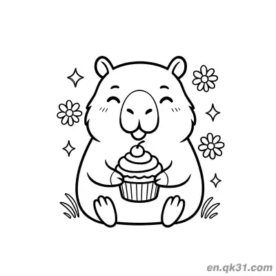 Free printable Capybara Holding Cupcake with Stars and Flowers Coloring Page coloring page