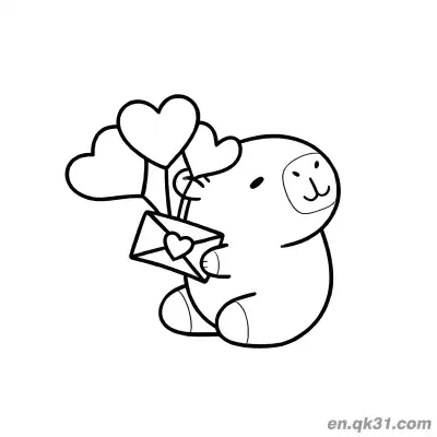 Free printable Capybara Holding Heart Envelope and Balloons Coloring Page coloring page