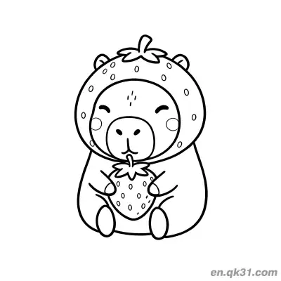 Free printable Capybara in Strawberry Hoodie Holding Strawberry Coloring Page coloring page
