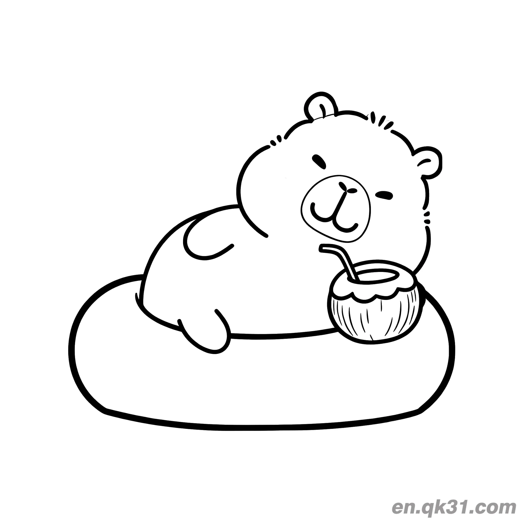 Capybara Lying on Float with Coconut Coloring Page – Free Printable Coloring Page for Kids and Adults