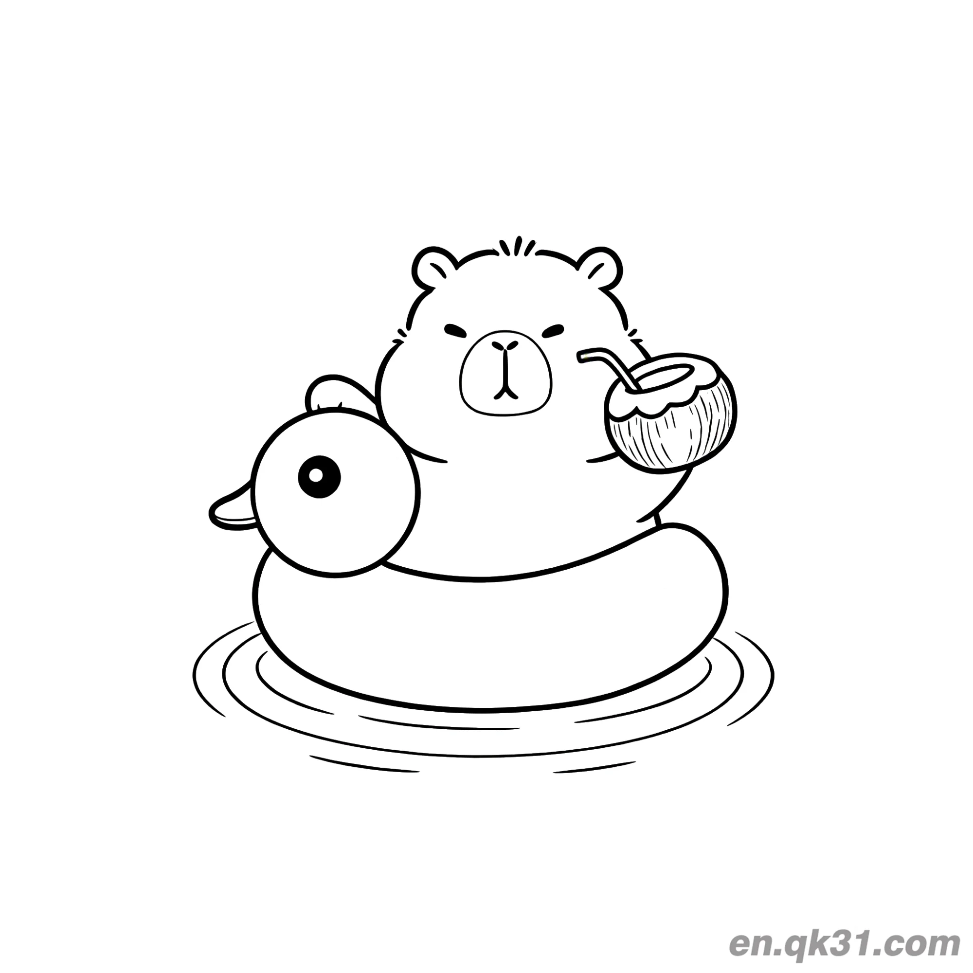 Capybara on Float with Duckling and Coconut Coloring Page – Free Printable Coloring Page for Kids and Adults