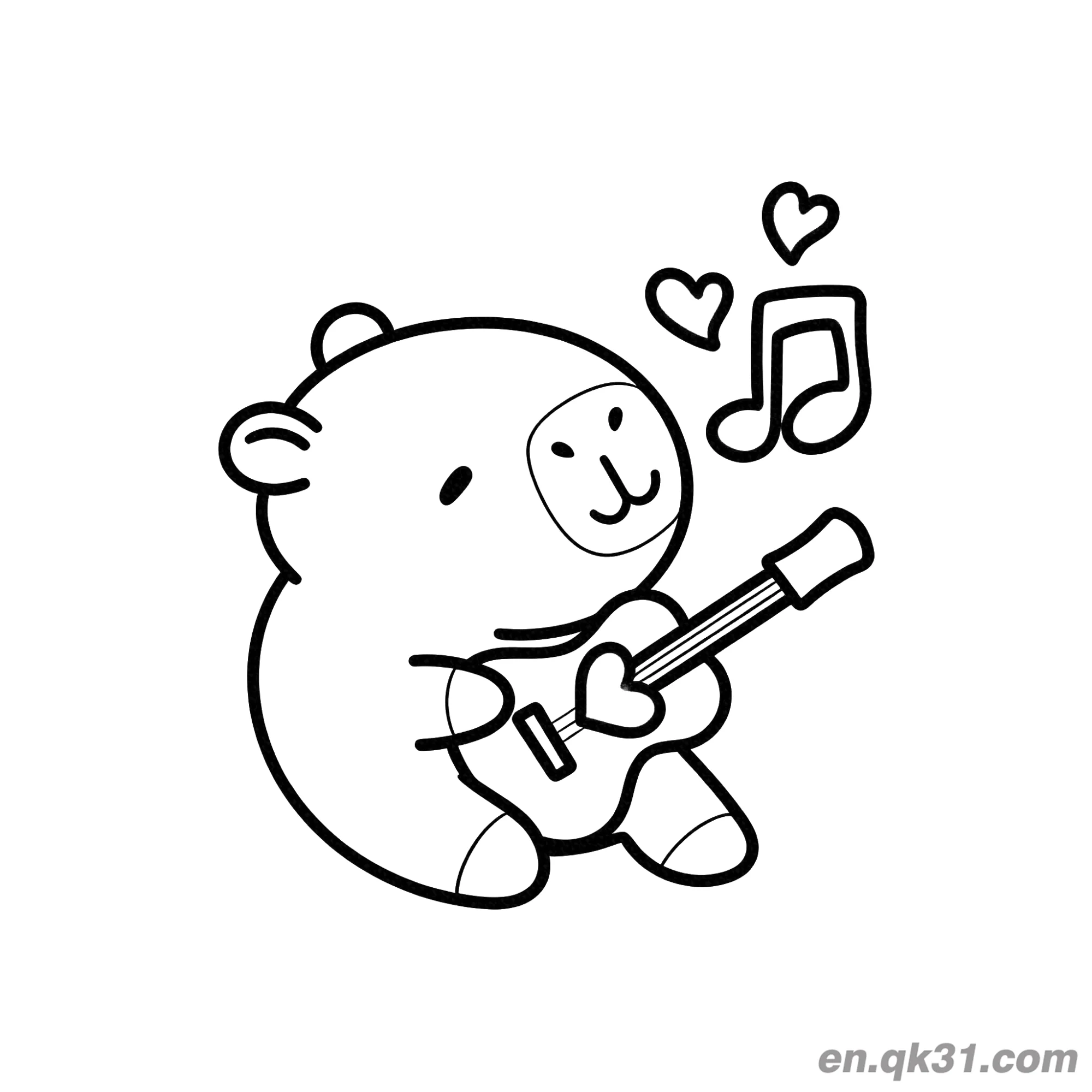 Capybara Playing Guitar with Music Notes Coloring Page – Free Printable Coloring Page for Kids and Adults