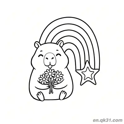 Free printable Capybara with Bouquet Under Rainbow Coloring Page coloring page