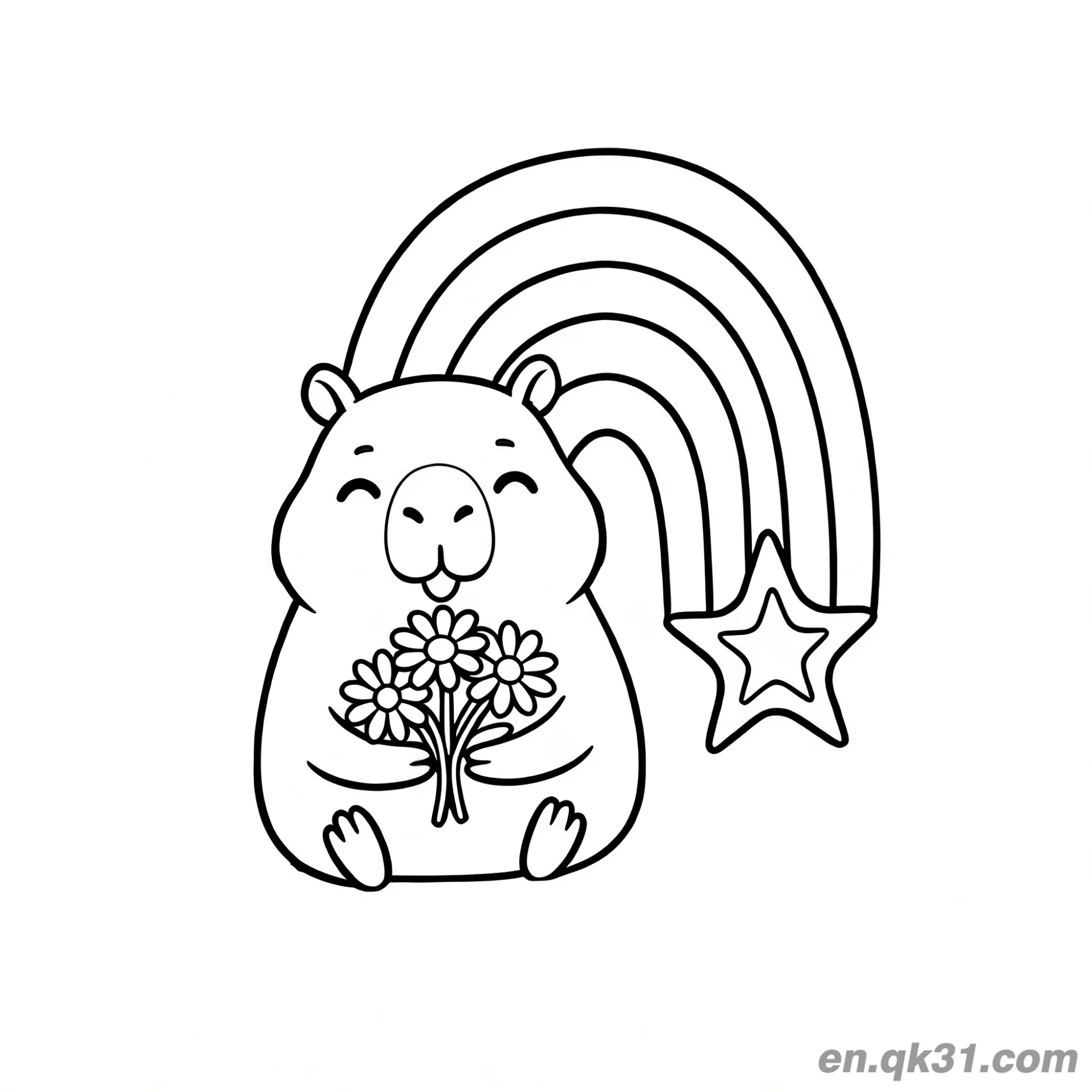 Capybara with Bouquet Under Rainbow Coloring Page – Free Printable Coloring Page for Kids and Adults