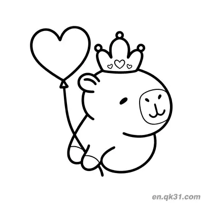 Free printable Capybara with Crown and Heart Balloon Coloring Page coloring page