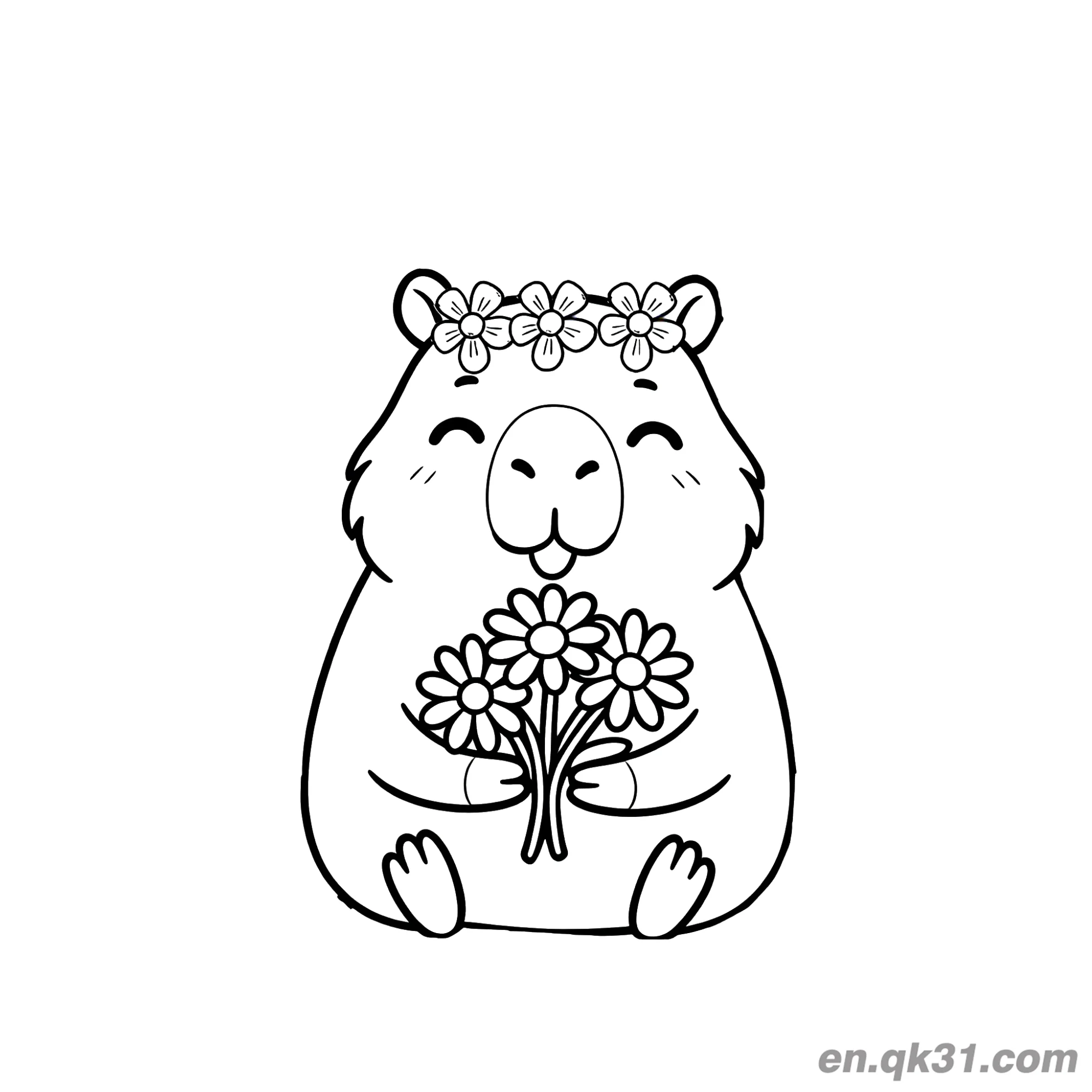 Capybara with Flower Crown and Bouquet Coloring Page – Free Printable Coloring Page for Kids and Adults