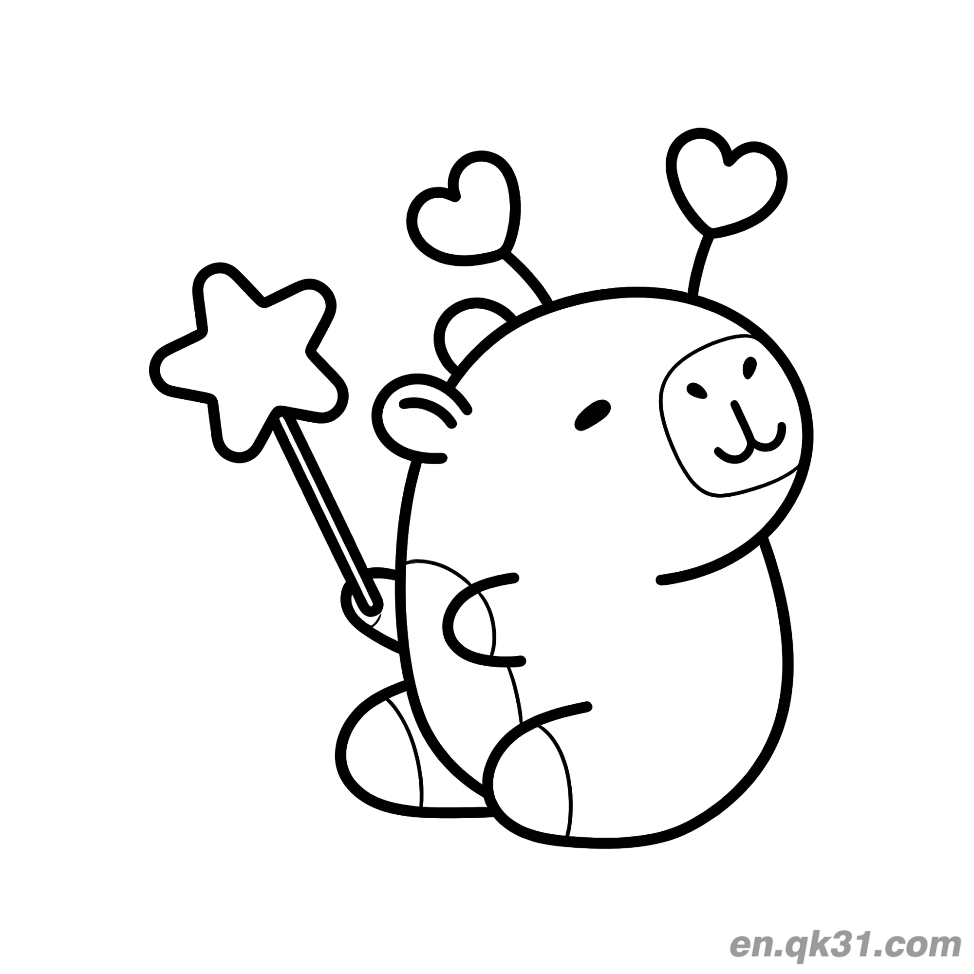 Capybara with Star Wand and Heart Antennas Coloring Page – Free Printable Coloring Page for Kids and Adults