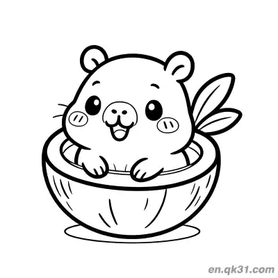 Free printable Cute Capybara in Coconut Bowl Coloring Page coloring page