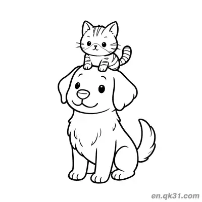 Free printable Cartoon Golden Retriever with Cat on Head Cute Style Coloring Page coloring page