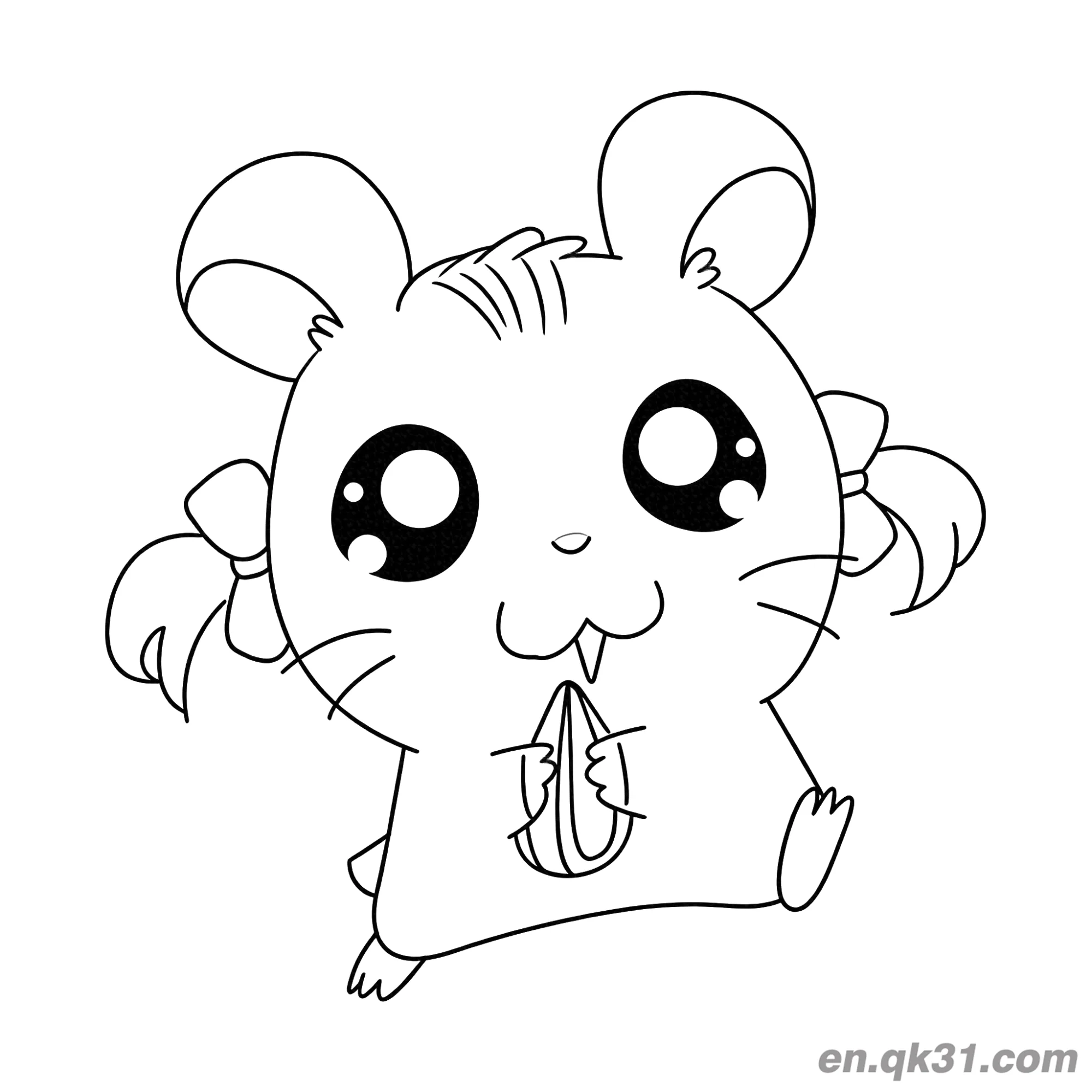 Hamster with Pigtail Bows Holding Sunflower Seed Coloring Page – Free Printable Coloring Page for Kids and Adults