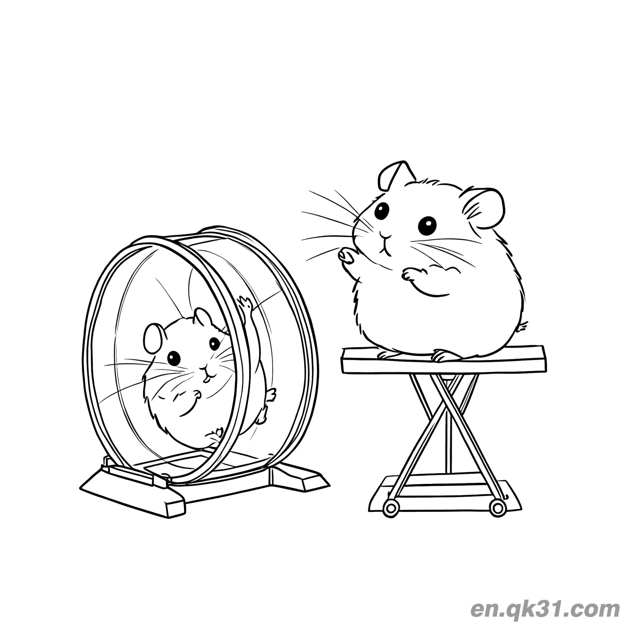 Hamsters Interacting with Exercise Wheel and Lift Table Coloring Page – Free Printable Coloring Page for Kids and Adults