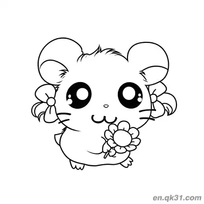 Free printable Hamtaro Hamster with Bows Holding Flower Coloring Page coloring page