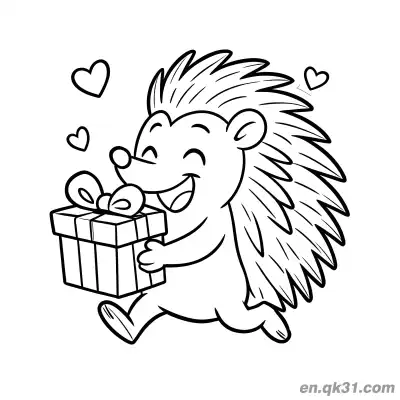 Free printable Happy Hedgehog Holding Gift Box Coloring Page coloring page