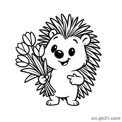 Free printable Hedgehog Holding Tulip Bouquet Coloring Page coloring page