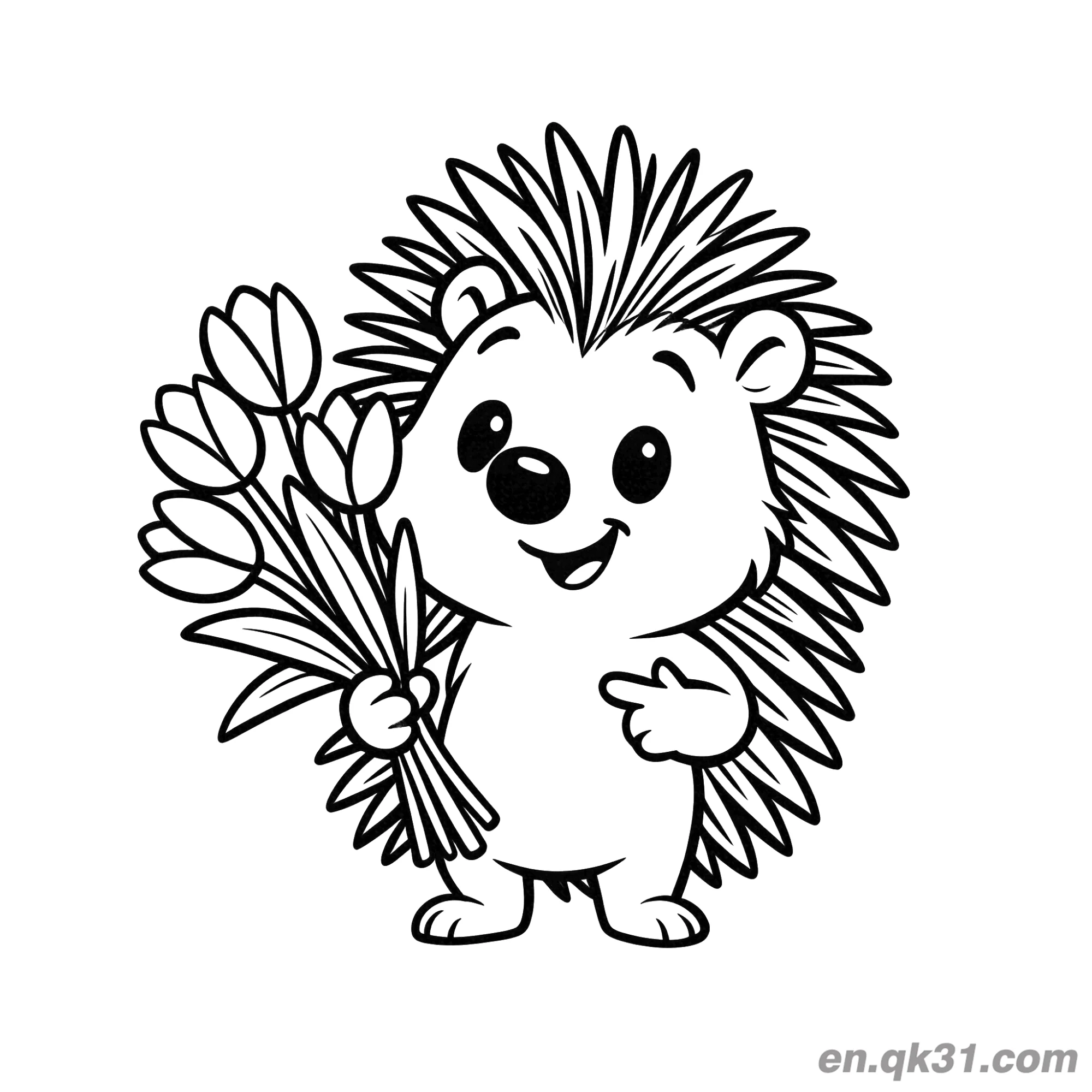 Hedgehog Holding Tulip Bouquet Coloring Page – Free Printable Coloring Page for Kids and Adults