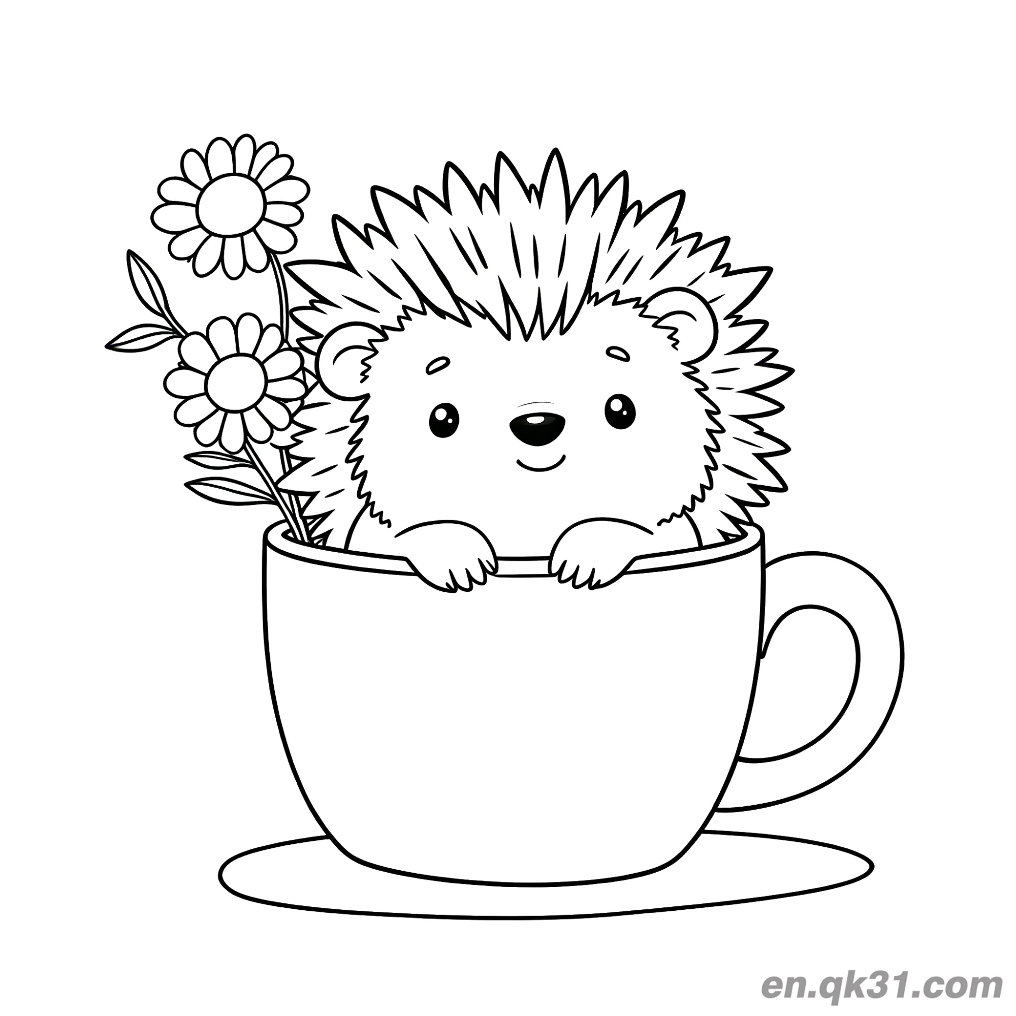 Hedgehog in Teacup with Daisies Coloring Page – Free Printable Coloring Page for Kids and Adults