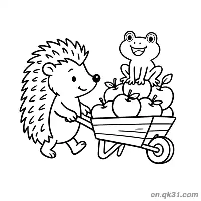 Free printable Hedgehog Pushing Wheelbarrow with Apples and Frog Coloring Page coloring page