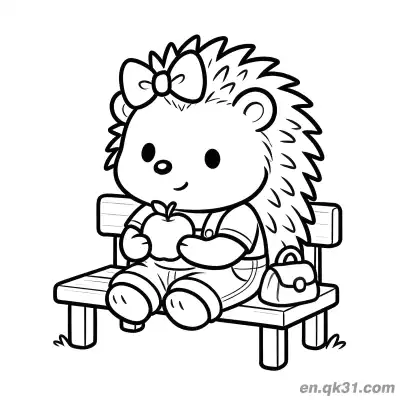 Free printable Hedgehog with Bow Tie on Bench Holding Apple Coloring Page coloring page