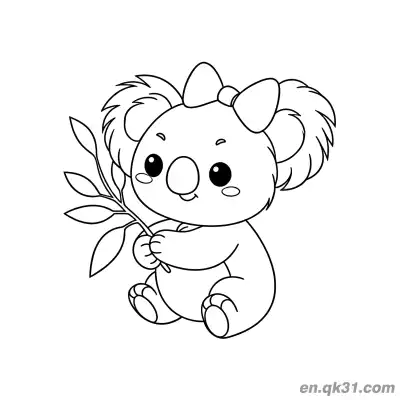 Free printable Cute Koala with Bow Holding Branch Coloring Page coloring page