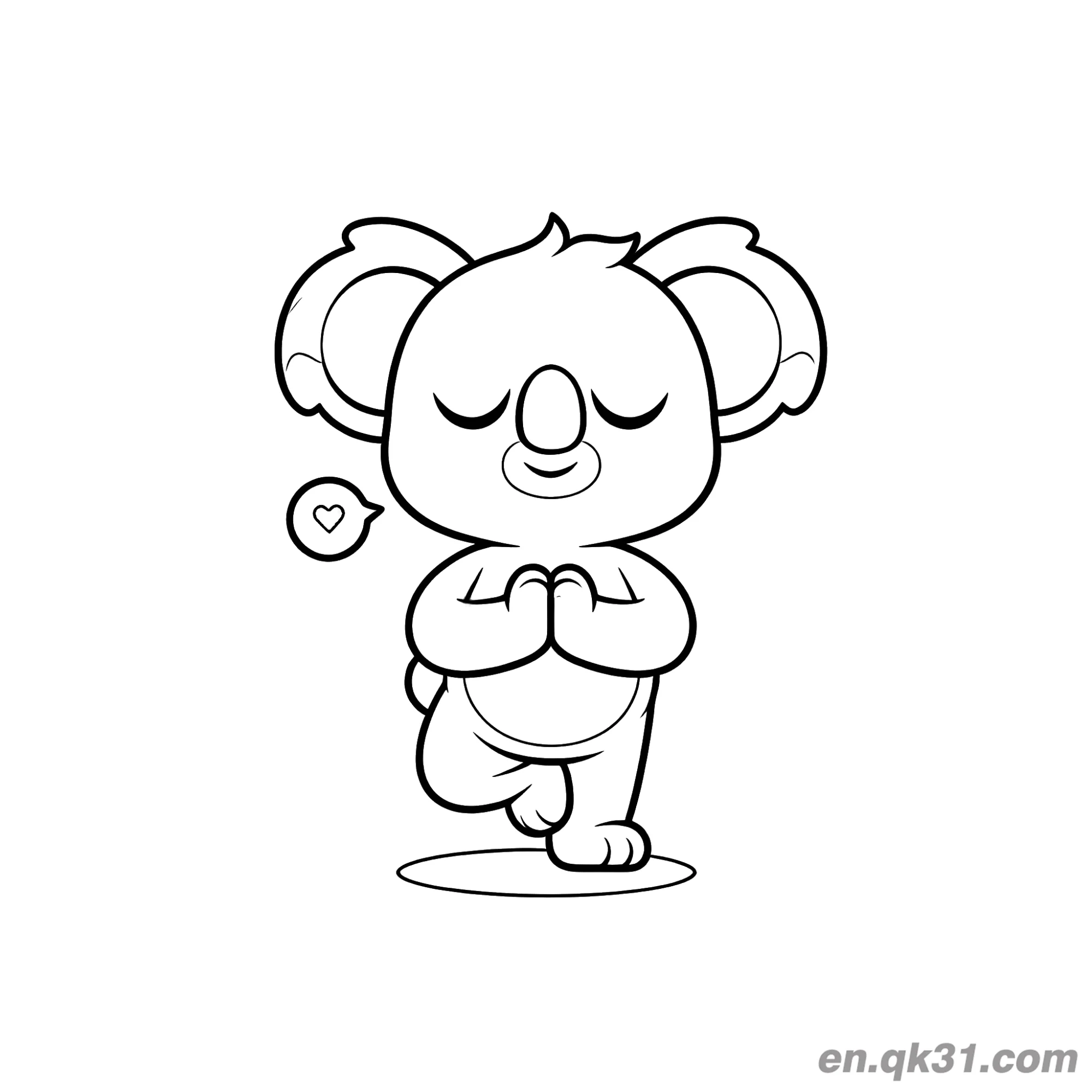 Koala in Yoga Tree Pose with Heart Speech Bubble Coloring Page – Free Printable Coloring Page for Kids and Adults
