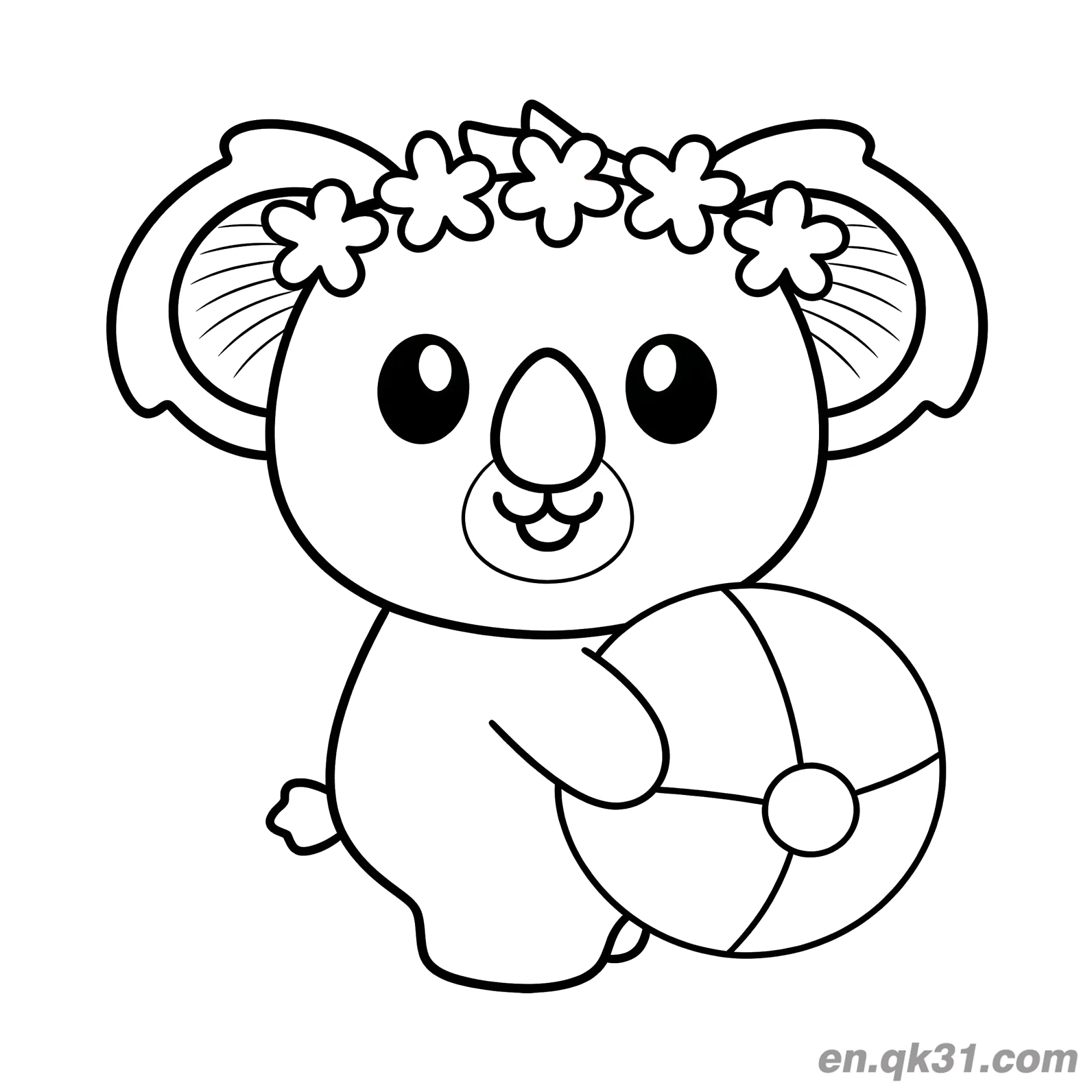 Koala with Flower Crown Holding Beach Ball Coloring Page – Free Printable Coloring Page for Kids and Adults