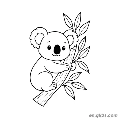 Free printable Smiling Koala Clinging to Leafy Branch Coloring Page coloring page