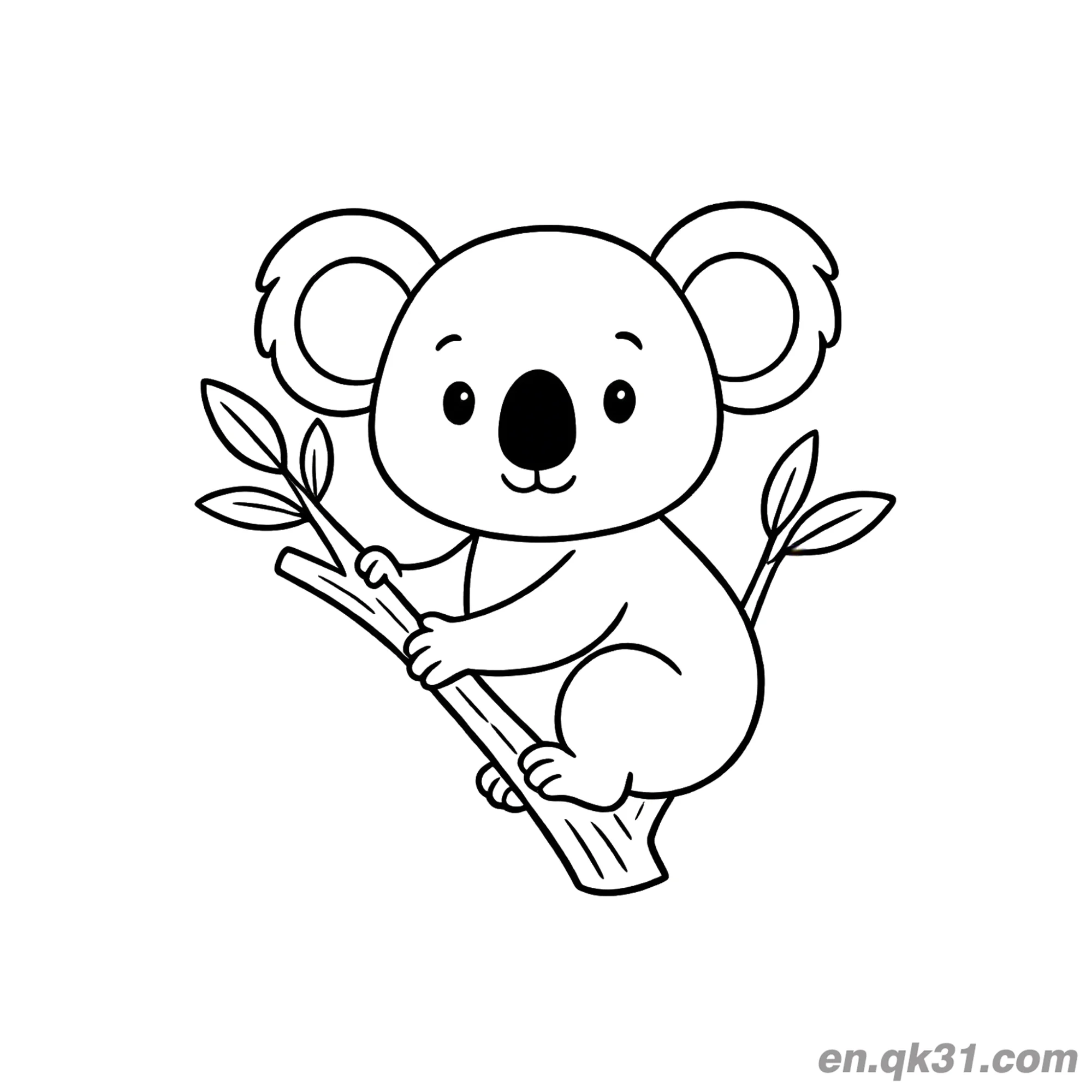 Smiling Koala Clinging to Leafy Eucalyptus Branch Coloring Page – Free Printable Coloring Page for Kids and Adults