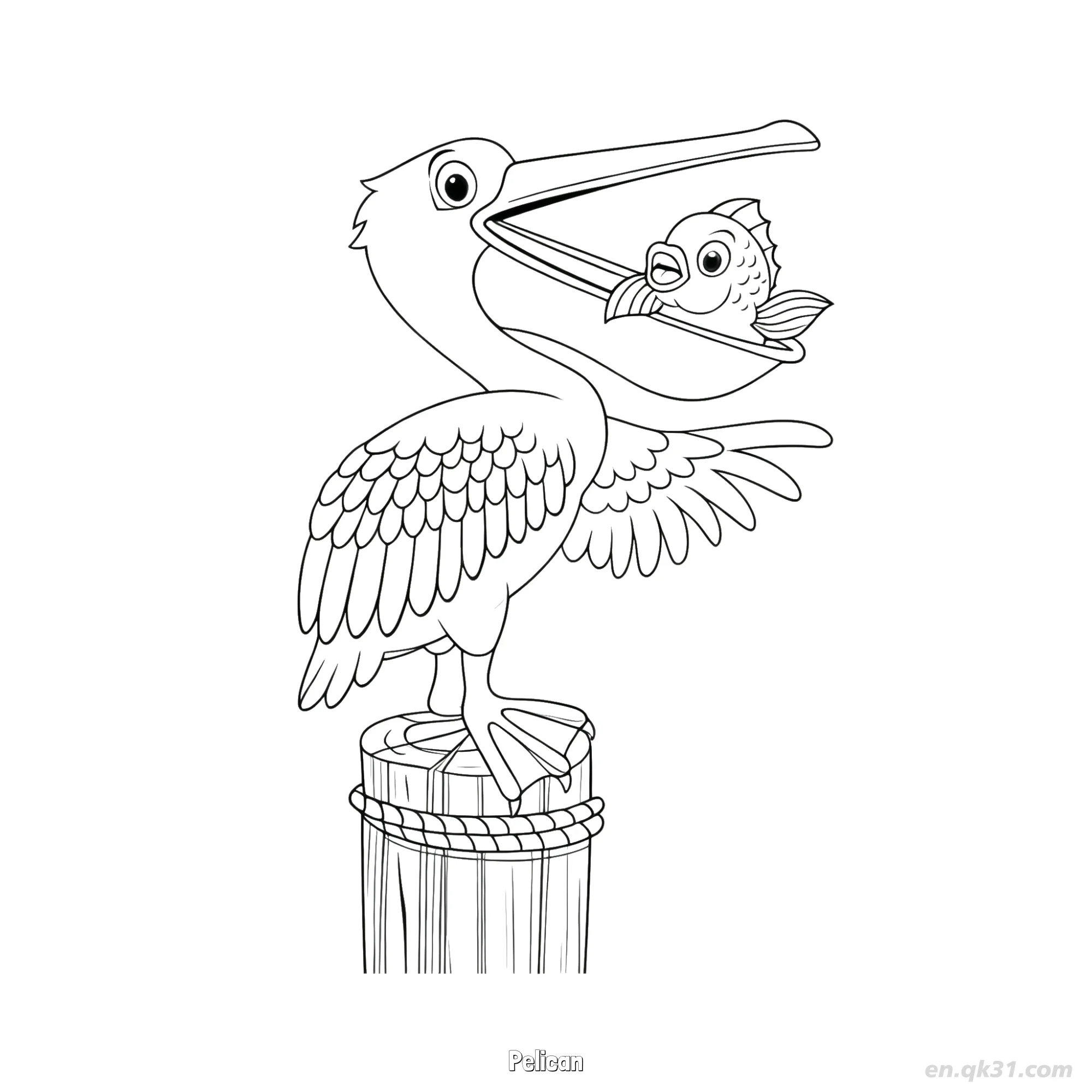 Pelican with Fish on Wooden Post Coloring Page – Free Printable Coloring Page for Kids and Adults