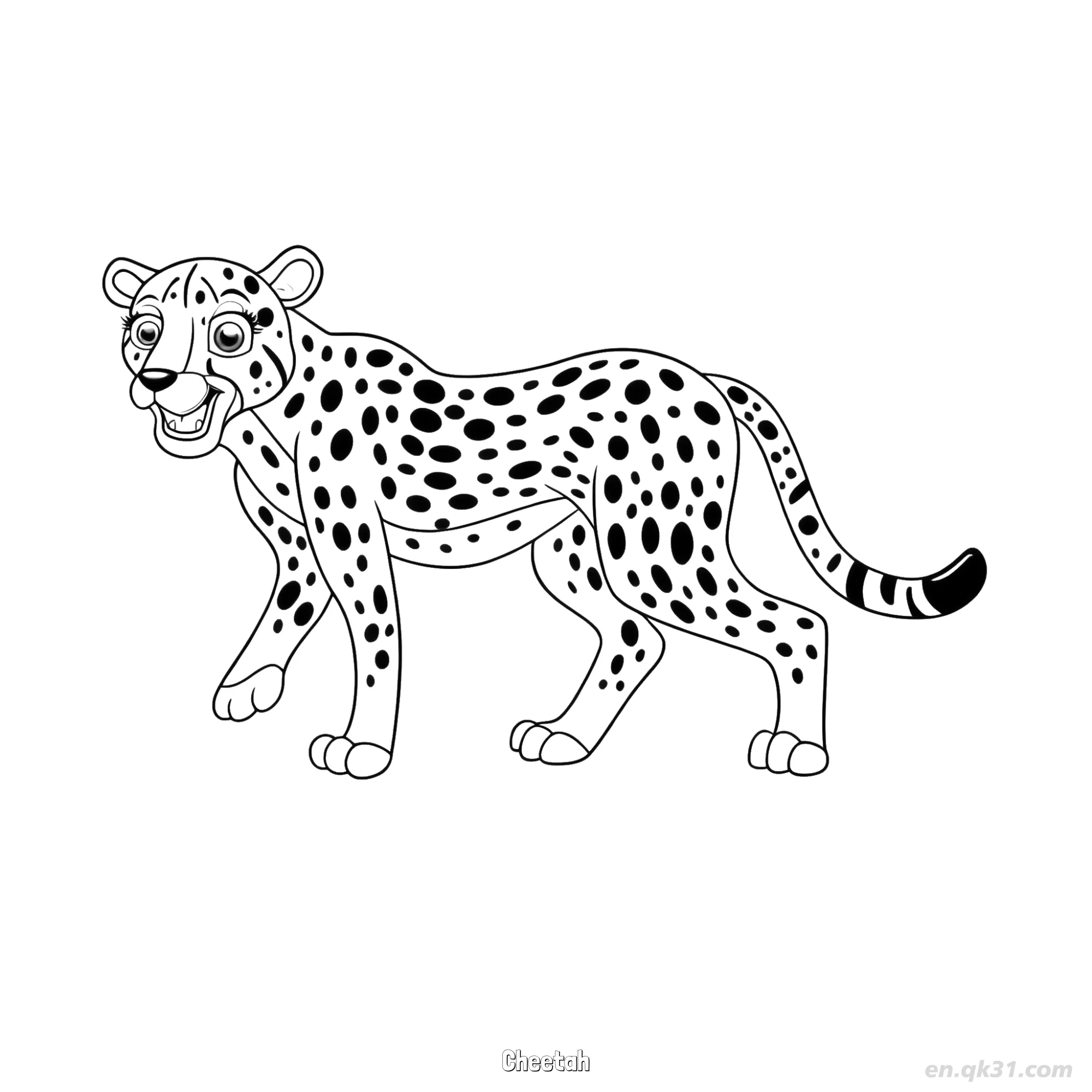 Smiling Cheetah with Banded Tail Coloring Page – Free Printable Coloring Page for Kids and Adults