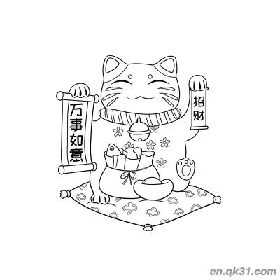 Free printable All the Best Fortune Scroll and Bag Lucky Cat Coloring Page coloring page