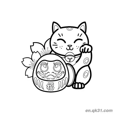 Free printable Daruma Doll Cherry Blossom Lucky Cat Coloring Page coloring page