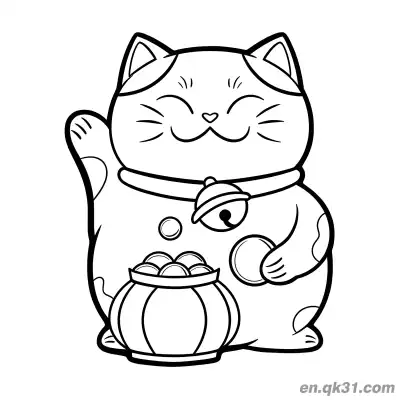 Free printable Heart Mouth Bell and Treasure Bowl Lucky Cat Coloring Page coloring page