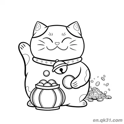 Free printable Heart Mouth Treasure Bowl Coin Sprinkling Lucky Cat Coloring Page coloring page