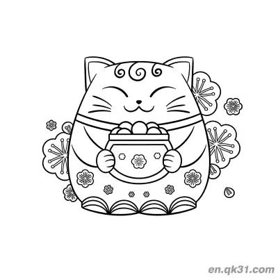 Free printable Holding Treasure Bowl with Cloud and Plum Lucky Cat Coloring Page coloring page