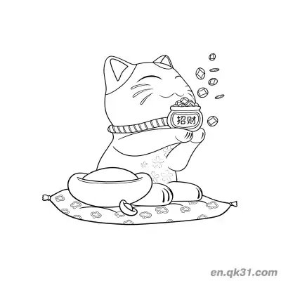 Free printable Lucky Cat Sprinkling Coins with Fortune Treasure Jar Coloring Page coloring page