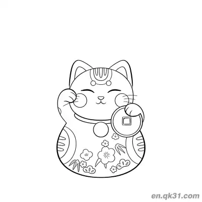 Free printable Lucky Cat with Floral Bamboo and Ancient Coin Coloring Page coloring page