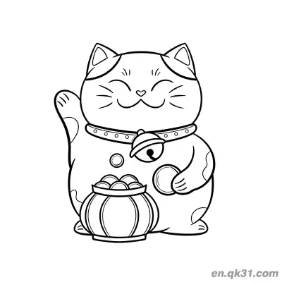 Free printable Lucky Cat with Heart Mouth and Treasure Bowl Coloring Page coloring page