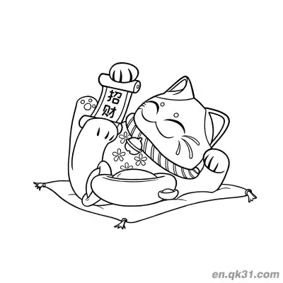 Free printable Lying Fortune Scroll and Ingot Lucky Cat Coloring Page coloring page