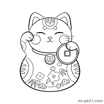 Free printable Plum Bamboo Fu Character and Coin Lucky Cat Coloring Page coloring page