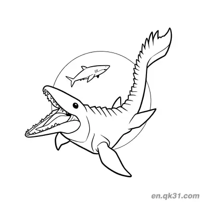 Free printable Mosasaurus Coloring Page Chasing Shark Action Jurassic World coloring page