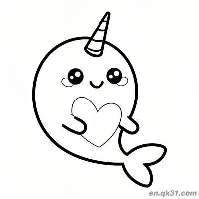 Free printable Cute Narwhal Holding Heart Coloring Page coloring page