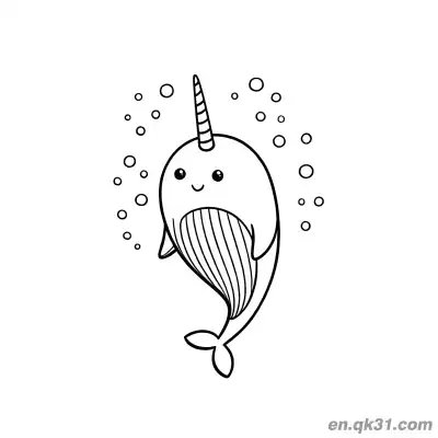Free printable Cute Narwhal with Bubbles Coloring Page coloring page